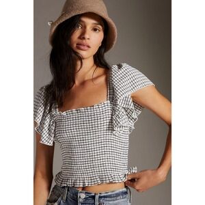 Anthropologie Maeve Crinkle Gingham Smocked Top in Black & White • Medium Petite